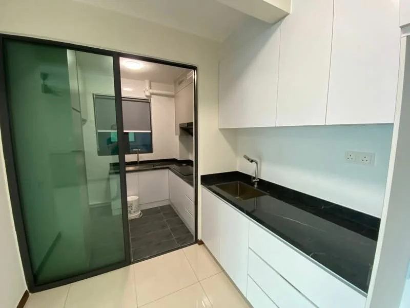 Kitchen features: black granite countertop, white cabinetry, single-bowl stainless-steel sink, chrome pull-down faucet, glass sliding door, tile flooring, recessed ceiling lights, built-in cabinets; style: modern. Room features: white walls, grey tile flooring, built-in cabinets.