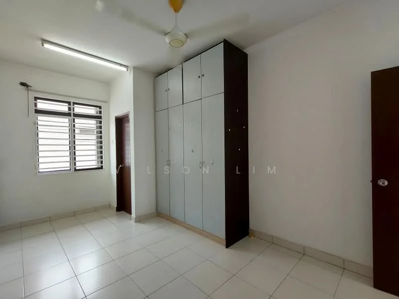 Room features: white painted walls, tile flooring, ceiling fan, built-in wardrobe with glass doors, window with horizontal slats, light fixture, door, corner space; style: minimalist.