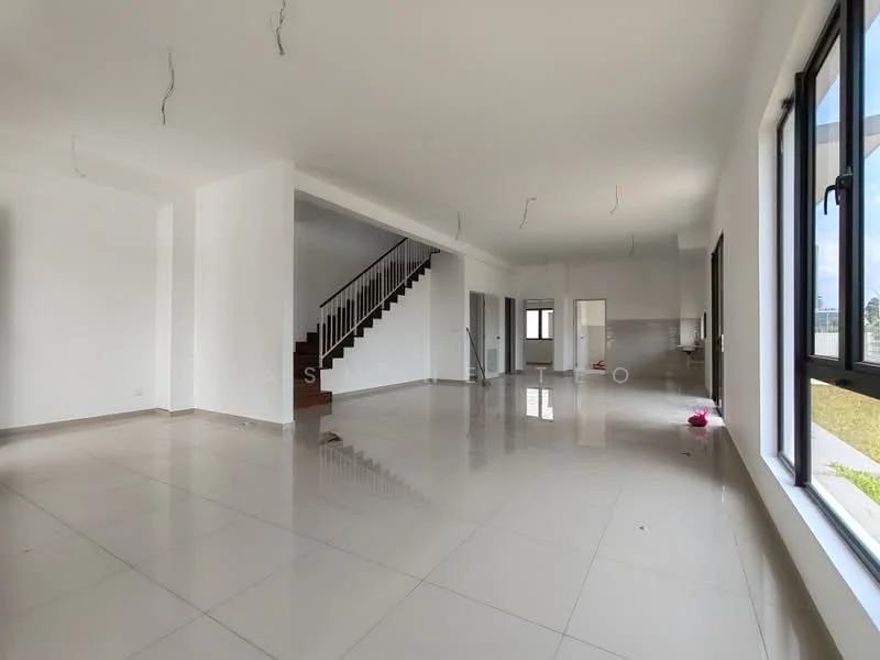 Living features: white painted walls, glossy ceramic tile flooring, large windows with black frames, staircase with wooden railing, recessed downlights, open layout, neutral color scheme, no visible furniture; style: modern; view: garden. Kitchen features: white painted walls, glossy ceramic tile flooring, kitchen area visible, neutral color scheme, no visible appliances; style: modern; view: garden.