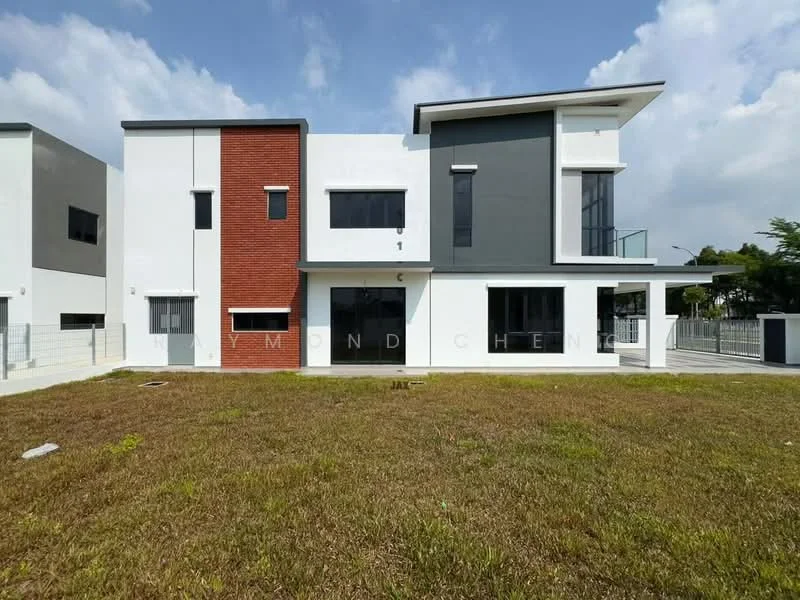 Exterior type: detached bungalow; features: white painted facade, red brick accent wall, grey painted sections, flat roof, 2-storey building, large windows, manicured lawn, surrounded by greenery, driveway, modern architectural design; style: modern.
