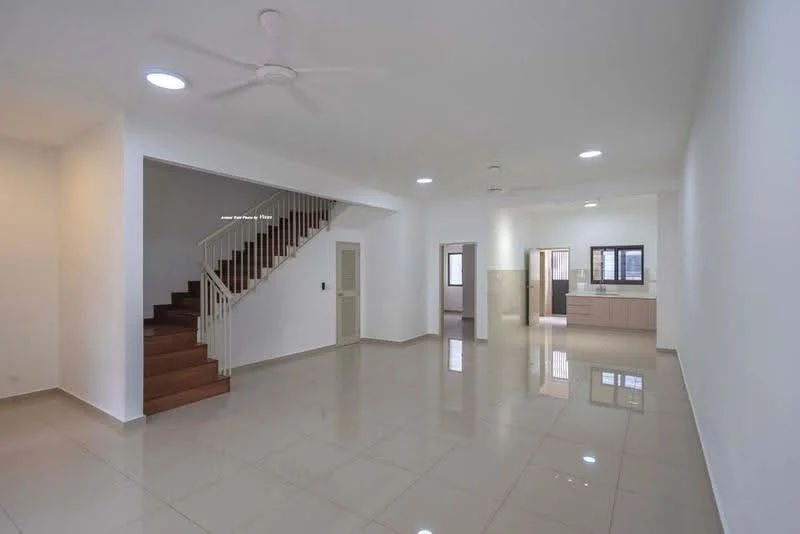 Living features: white painted walls, glossy ceramic tile flooring, 5-blade ceiling fan with light, recessed downlights, staircase with wooden steps, doorway leading to kitchen, doorway leading to hallway, large windows for natural light; style: modern.