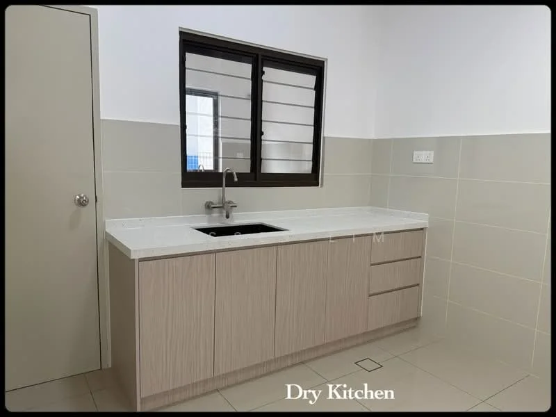Kitchen features: laminate cabinetry in light wood finish, white quartz countertop, single-bowl stainless-steel sink, chrome pull-down faucet, tile backsplash, wall-mounted window with horizontal slats, under-cabinet lighting, floor tiles in light beige; style: modern.