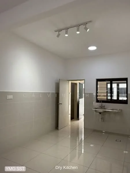 Kitchen features: white painted walls, cream tiled backsplash, glossy ceramic tile flooring, recessed downlights, track lighting, single-bowl stainless-steel sink, wall-mounted faucet, open layout, window with black frames, door leading to another room; style: modern.