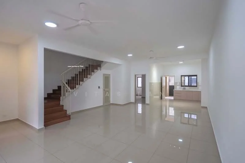 Living features: white painted walls, glossy ceramic tile flooring, 5-blade ceiling fan with light, recessed downlights, large windows, open layout, staircase with wooden steps, neutral color scheme; style: modern. Dining features: white painted walls, glossy ceramic tile flooring, large windows, open layout, neutral color scheme; style: modern. Kitchen features: white cabinetry, countertop with backsplash, glossy ceramic tile flooring, large windows, neutral color scheme; style: modern.