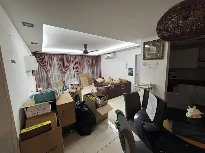 Living features: white painted walls, tile flooring, tray ceiling, recessed downlights, 5-blade ceiling fan, floor-to-ceiling windows with sheer curtains, sofa with cushions, coffee table, dining table with chairs, boxes and clutter present; style: modern.