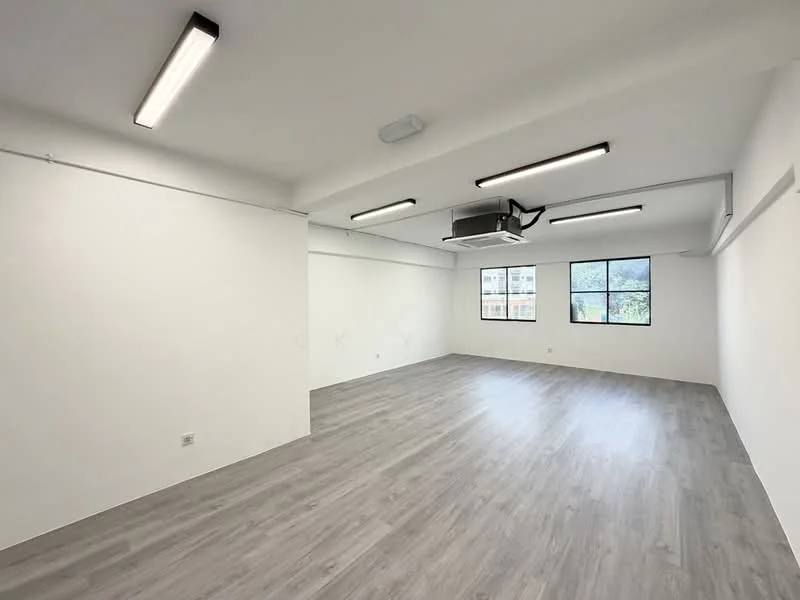 Room features: white painted walls, laminate flooring, exposed ceiling with recessed lighting, 1 wall-mounted split AC, large windows, natural light, open layout; style: modern; view: garden.