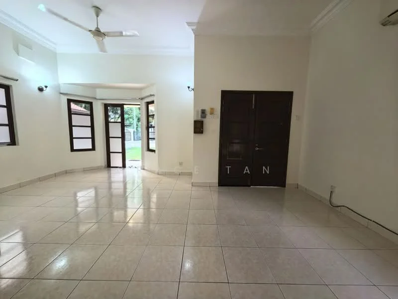 Living features: white painted walls, glossy ceramic tile flooring, ceiling fan, two wall-mounted light fixtures, double doors, large windows with grid pattern, open layout, access to outdoor area; view: garden.