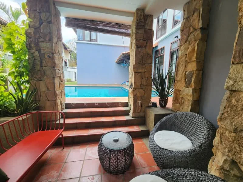 Room features: stone-clad walls, red tiled flooring, outdoor seating area with wicker chairs, round coffee table, potted plants, steps leading to swimming pool, overhead wooden beams, large windows, view of swimming pool; style: tropical; view: pool.