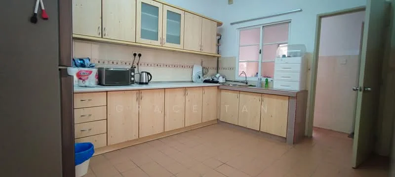 Kitchen features: light wood cabinetry, white countertop, stainless-steel microwave, stainless-steel kettle, stainless-steel sink, chrome faucet, built-in cabinet with drawers, tile backsplash, ceramic tile flooring, window with white frame, refrigerator, open shelving; style: modern.