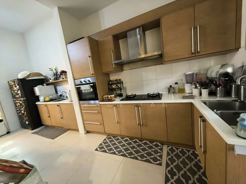 Kitchen features: brown wooden cabinetry, white tiled backsplash, stainless-steel built-in oven, 4-burner gas hob, stainless-steel range hood, double-bowl stainless-steel sink, chrome pull-down faucet, ceramic tile flooring, grey patterned area rug, black refrigerator, kitchen utensils and appliances on countertop; style: modern.