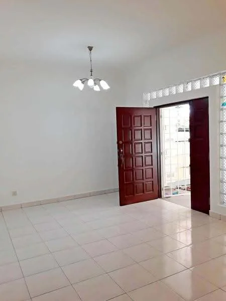 Room features: white painted walls, white tiled flooring, chandelier with multiple bulbs, double wooden door with square panels, glass block window, natural light from door, open space layout; style: modern.