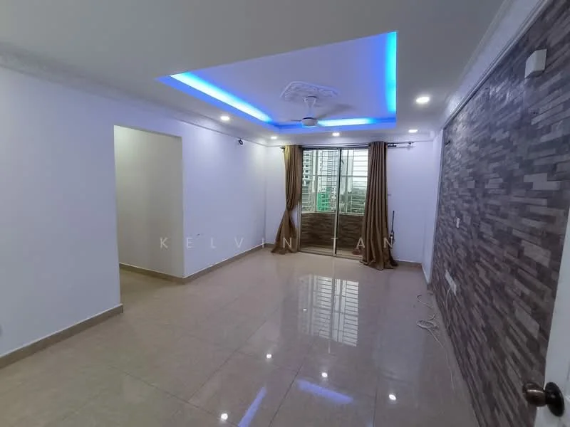 Living features: white painted walls, grey accent wall with stone cladding, polished ceramic tile flooring, tray ceiling with recessed lighting, 5-blade ceiling fan with light, floor-to-ceiling windows, curtains, natural light from windows; style: modern; view: garden.
