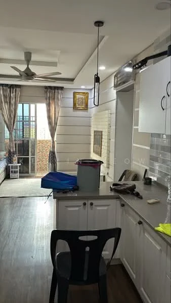 Room features: wooden flooring, white painted walls, ceiling fan, recessed downlights, sliding glass door, floor-to-ceiling windows, curtains, kitchen cabinetry with white finish, countertop, kitchen sink, stainless-steel appliances, decorative wall art, open layout, dining chair, plastic storage container; style: modern; view: city.