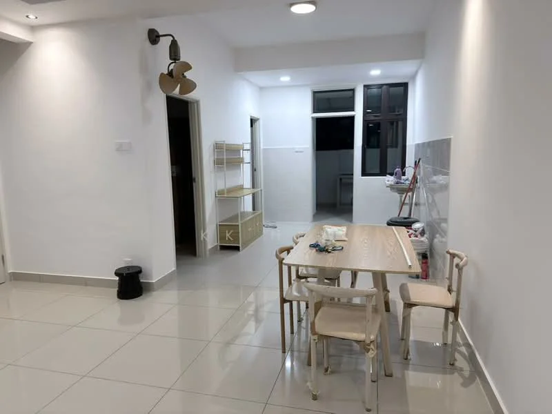 Dining features: white painted walls, glossy ceramic tile flooring, 5-blade ceiling fan with light, dining table with wooden surface, 4 wooden dining chairs, open shelving unit, large window providing natural light, recessed ceiling lights; style: modern. Room features: white painted walls, glossy ceramic tile flooring, doorway leading to other rooms.