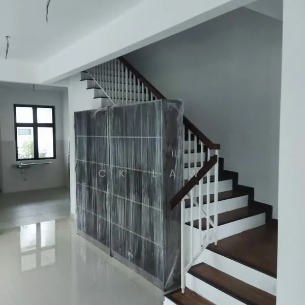 Room features: staircase with wooden treads, white painted walls, large windows, tile flooring, open layout, partition wall with grey cladding, ceiling lights, handrail on staircase; style: modern.