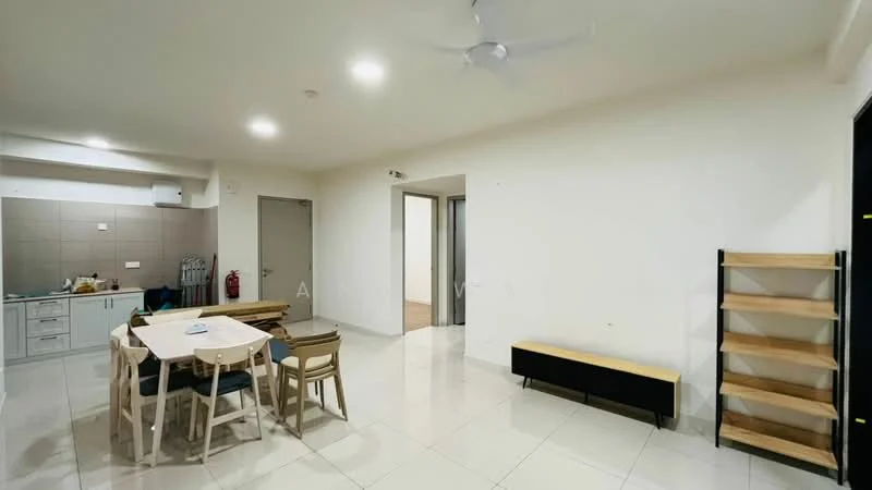 Living features: white painted walls, tile flooring, ceiling fan, dining table with chairs, wooden shelving unit, black bench, open layout, kitchen area visible in background; style: modern.