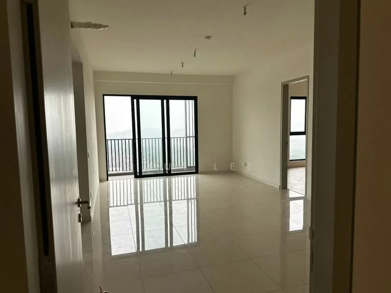 Room features: white painted walls, glossy ceramic tile flooring, floor-to-ceiling windows, sliding glass door, balcony access, recessed downlights, neutral color scheme, open layout; style: modern; view: city.