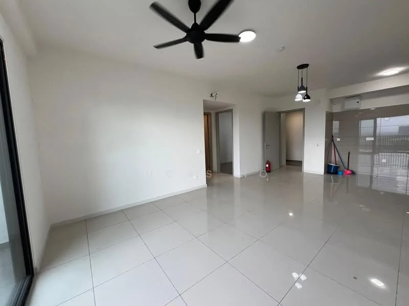 Room features: white painted walls, glossy ceramic tile flooring, 5-blade ceiling fan with light, recessed downlights, sliding glass door, floor-to-ceiling windows, neutral color scheme, open layout, visible doorways, clean modern aesthetic; style: modern.