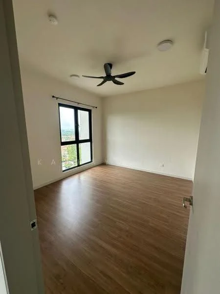 Bedroom features: wooden flooring, white painted walls, 5-blade ceiling fan, floor-to-ceiling window, blackout curtains, natural light, no visible furniture, neutral color scheme; style: modern; view: city.