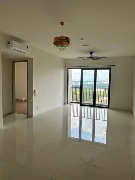 Living features: white painted walls, glossy ceramic tile flooring, 5-blade ceiling fan with light, chandelier, floor-to-ceiling sliding glass door, blackout curtains, air conditioning unit, balcony view; style: modern; view: garden.