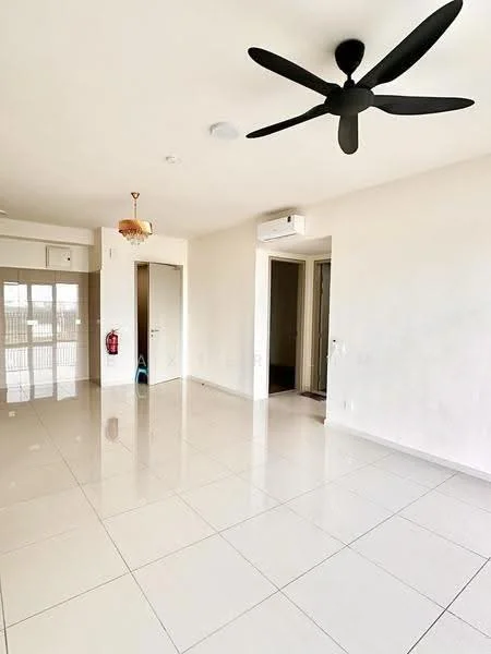Living features: white painted walls, glossy ceramic tile flooring, 5-blade ceiling fan in black, recessed downlights, sliding glass door, floor-to-ceiling windows, air conditioning unit, fire extinguisher mounted on wall; style: modern.