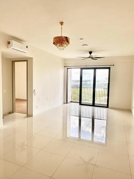 Living features: white painted walls, glossy ceramic tile flooring, 5-blade ceiling fan with light, chandelier, floor-to-ceiling sliding glass doors, blackout curtains, air conditioning unit, balcony view; style: modern; view: garden.
