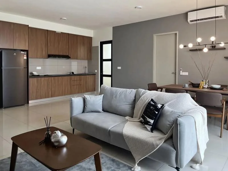 Living features: 3-seater fabric sofa in light grey, wooden coffee table, decorative vase on table, area rug, ceiling light fixture with multiple bulbs, wall-mounted air conditioning unit, large window with natural light, neutral wall color, tile flooring; style: modern. Kitchen features: brown wooden cabinetry, black countertop, stainless-steel fridge, built-in stove, wall-mounted range hood, ceramic tile backsplash, sink with faucet, open shelving, grey tiled flooring; style: modern. Dining features: 4-seater dining table, upholstered dining chairs, table setting with plates and cutlery, neutral wall color, tile flooring; style: modern.