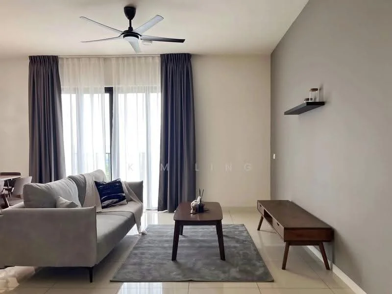 Living features: 3-seater fabric sofa in light grey, wooden coffee table, TV console, area rug in light grey, floor-to-ceiling windows, sheer curtains, dark grey curtains, ceiling fan with light, wall-mounted shelf, decorative items on shelf, neutral painted walls, glossy tile flooring; style: modern; view: city.