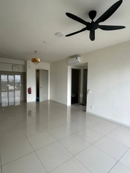 Living features: white painted walls, glossy ceramic tile flooring, 5-blade ceiling fan, recessed downlights, floor-to-ceiling windows, sliding glass door, fire extinguisher mounted on wall, air conditioning unit; style: modern; view: city.