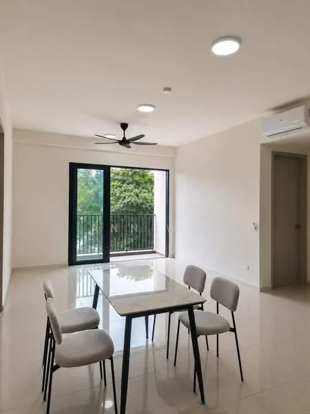 Dining features: marble dining table, 4 upholstered dining chairs, sliding glass door, floor-to-ceiling windows, white painted walls, polished tile flooring, ceiling fan, wall-mounted split AC, balcony view; style: modern; view: garden.