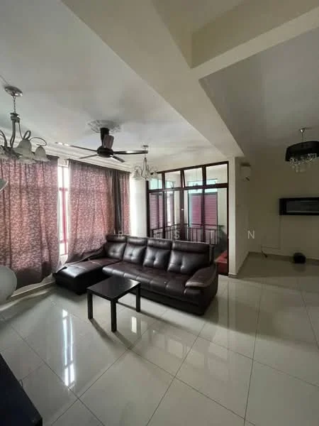 Living features: 3-seater leather sofa in dark brown, coffee table, ceiling fan with light, chandelier, floor-to-ceiling windows, sheer curtains, white painted walls, glossy ceramic tile flooring, wall-mounted TV, decorative mirror; style: modern.