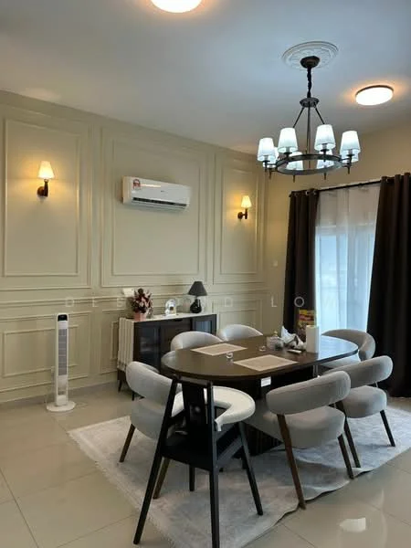 Dining features: 6-seater dining table, upholstered dining chairs, chandelier with multiple bulbs, wall sconces, air conditioning unit, floor-to-ceiling window with sheer curtains, dark brown curtains, light grey area rug, cream painted walls with paneling, polished tile flooring; style: modern.