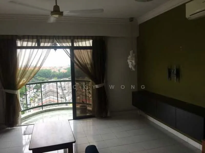 Living features: floor-to-ceiling windows, sliding glass door, curtains, ceiling fan, wall-mounted TV, wooden TV console, white tiled flooring, green accent wall, decorative wall feature, coffee table; style: modern; view: city.