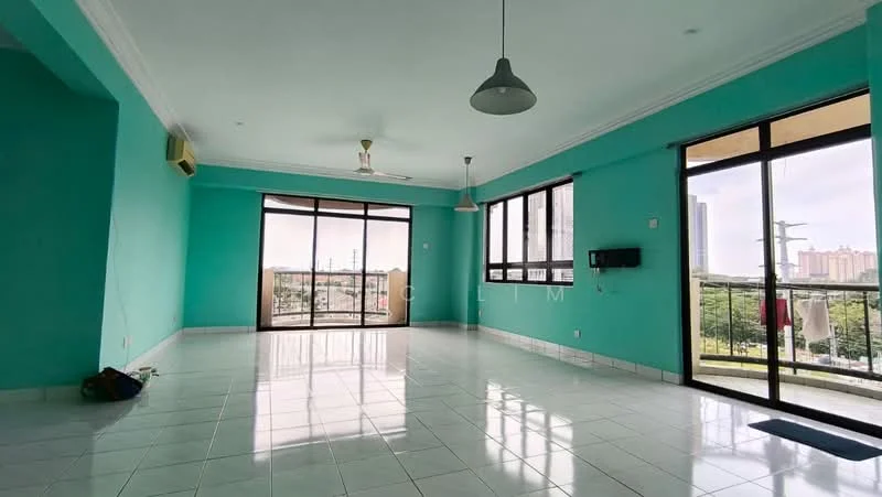 Living features: turquoise painted walls, white ceiling, 5-blade ceiling fan, floor-to-ceiling windows, sliding glass door, white tiled flooring, wall-mounted TV, air conditioning unit, open layout, natural light from windows, view of surrounding area; style: modern; view: city.