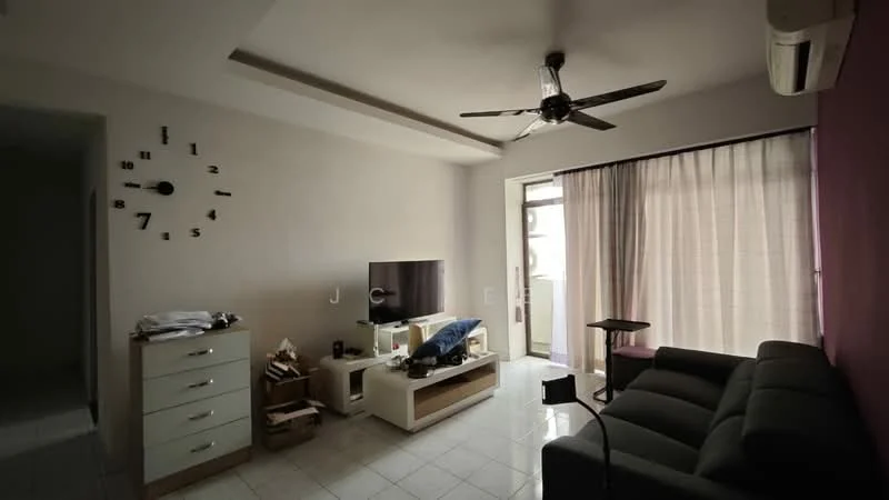 Living features: 3-seater fabric sofa in dark grey, wall-mounted TV, TV console in white, coffee table, 5-blade ceiling fan with light, floor-to-ceiling windows with sheer curtains, white painted walls, tile flooring, decorative wall clock, balcony door, side table, storage drawers, boxes and clutter; style: modern.