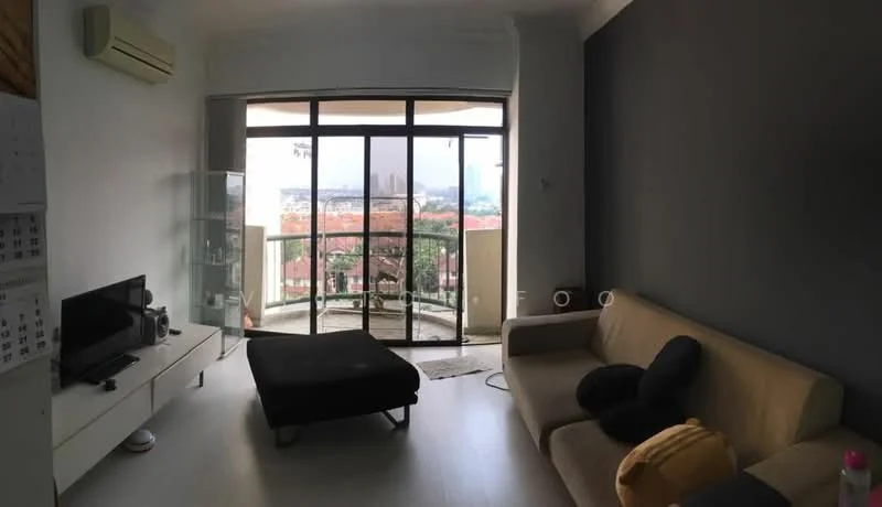 Living features: floor-to-ceiling windows, sliding glass door, grey accent wall, light-colored walls, laminate flooring, 3-seater fabric sofa in beige, black ottoman, TV console, wall-mounted TV, decorative plants, air conditioning unit, area rug; style: modern; view: city.
