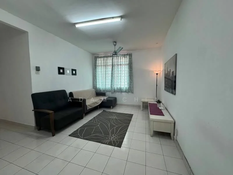 Living features: white painted walls, tile flooring, 5-blade ceiling fan with light, sofa in beige, 2-seater fabric sofa in dark grey, coffee table, area rug with geometric pattern, curtains with floral pattern, wall-mounted artwork, floor lamp; style: modern.