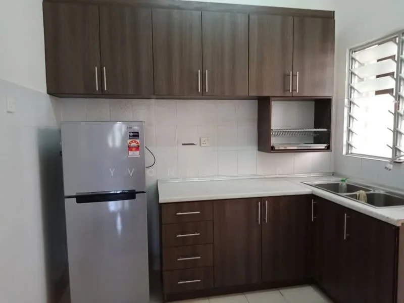 Kitchen features: dark wood cabinetry, white countertop, double-bowl stainless-steel sink, chrome faucet, stainless-steel fridge, tile backsplash, white tiled walls, ceramic tile flooring, window with horizontal slats; style: modern.