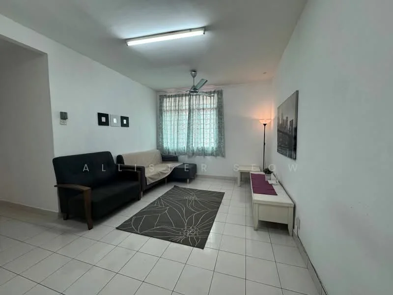 Living features: white painted walls, tile flooring, 5-blade ceiling fan, sofa in beige, 2-seater fabric sofa in black, area rug with floral pattern, wall-mounted light, window with sheer curtains, TV console, decorative wall art; style: minimalist.