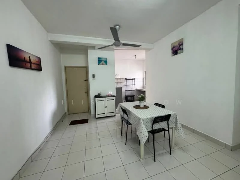 Dining features: white painted walls, tile flooring, 5-blade ceiling fan, dining table with tablecloth, 4 black dining chairs, framed artwork on walls, door leading to hallway, window with natural light; style: modern.