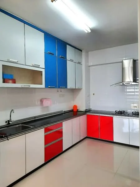 Kitchen features: white cabinetry with red and blue accents, black countertop, stainless-steel sink, chrome pull-down faucet, built-in gas hob, stainless-steel range hood, wall-mounted cabinets, fluorescent ceiling lights, glossy tile flooring, back wall with white tiles; style: modern.