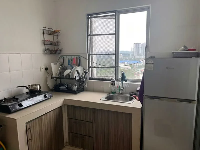 Kitchen features: single-bowl stainless-steel sink, chrome pull-down faucet, laminate countertop, wood cabinetry, built-in gas stove, stainless-steel fridge, dish rack, window with city view, white tiled backsplash, open shelving; style: modern; view: city.