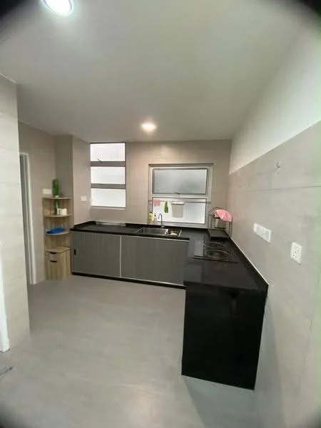 Kitchen features: black granite countertop, grey cabinetry, single-bowl stainless-steel sink, chrome pull-down faucet, built-in stove, wall-mounted microwave, tile backsplash, grey tile flooring, recessed downlights, open shelving, window for natural light; style: modern.