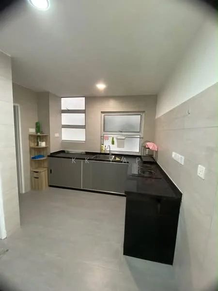 Kitchen features: black granite countertop, grey cabinetry, stainless-steel sink, chrome pull-down faucet, built-in stove, wall-mounted cabinets, open shelving, tile backsplash, recessed downlights, grey tile flooring, window for natural light; style: modern.