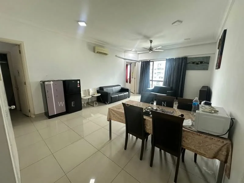 Living features: cream painted walls, glossy tile flooring, 5-blade ceiling fan with light, floor-to-ceiling windows, black leather sofa, grey fabric sofa, dining table with 6 chairs, microwave, refrigerator, water bottle on table, wall-mounted artwork; style: modern; view: city.