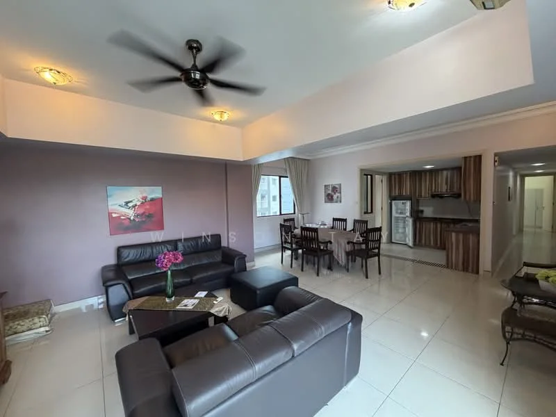 Living features: 3-seater leather sofa in black, 2-seater leather sofa in black, coffee table, ceiling fan with 5 blades, wall-mounted artwork, tile flooring, recessed downlights, curtains, dining table with 6 chairs, open layout to kitchen, large windows for natural light; style: modern; view: city. Kitchen features: kitchen cabinetry in wood, fridge, built-in oven, countertop, tile backsplash, open layout to living area; style: modern.