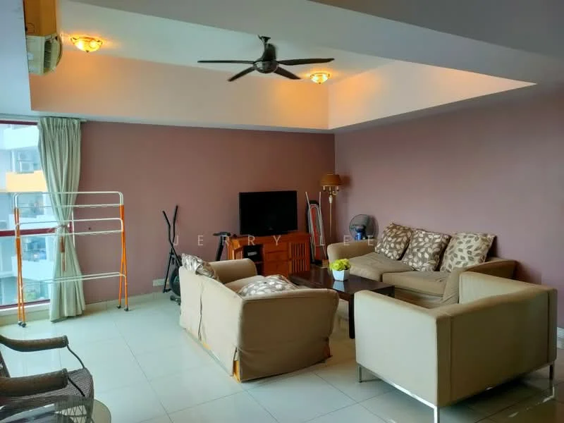 Living features: 5-blade ceiling fan with light, recessed downlights, wall-mounted TV, 2-seater fabric sofa in beige, 3-seater fabric sofa in beige, coffee table, decorative lamp, floor-to-ceiling windows, curtains, light-colored tiled flooring, accent wall in mauve, open layout; style: modern.
