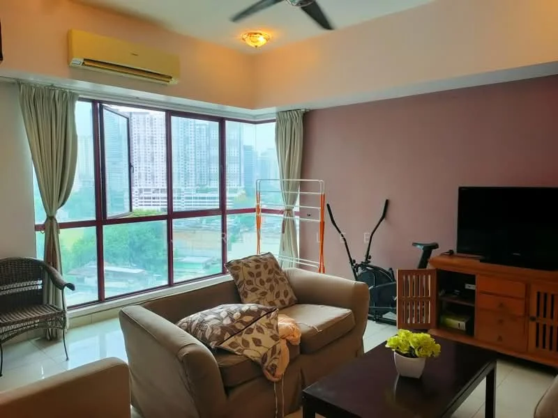 Living features: floor-to-ceiling windows, cream painted walls, grey accent wall, sofa in beige, decorative cushions, wooden coffee table, TV console, wall-mounted TV, ceiling fan, air conditioning unit, woven armchair, indoor plants, clothes drying rack, tile flooring; style: contemporary; view: city.