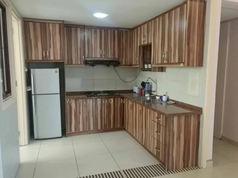 Kitchen features: laminate cabinetry with wood grain finish, granite countertop, stainless-steel sink, 4-burner gas hob, built-in range hood, white fridge, ceramic tile flooring, wall-mounted cabinets, under-cabinet lighting, neutral wall tiles, window for natural light; style: modern.