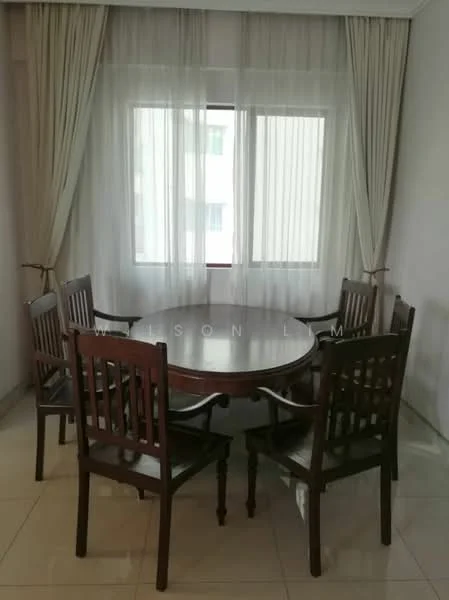 Dining features: round wooden dining table, 6 wooden dining chairs, white sheer curtains, tile flooring, plain painted walls, large window, natural light, minimalist decor; style: modern.